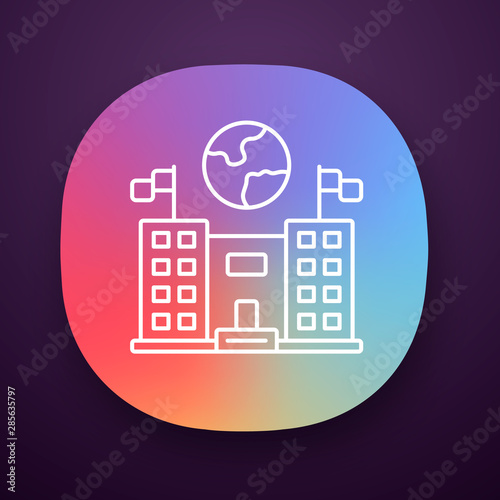 Immigration center app icon. Embassy building. Administrative governmental structure. Earth globe over public building. UI/UX user interface. Web or mobile application. Vector isolated illustration