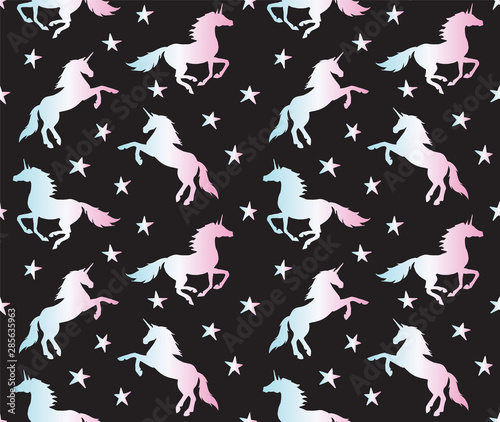 Vector seamless pattern of holographic unicorn silhouette isolated on black background