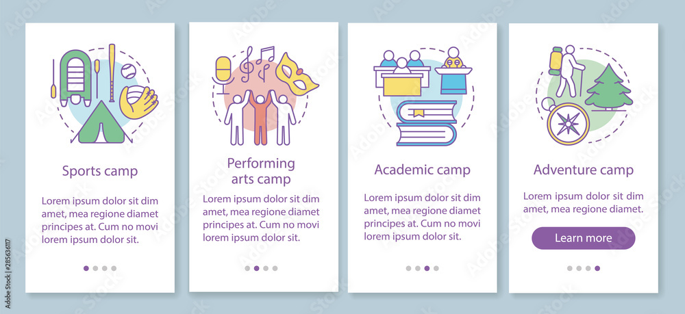 Interest, hobby camps onboarding mobile app page screen with linear concepts. Talent club, community walkthrough steps graphic instructions. UX, UI, GUI vector template with illustrations