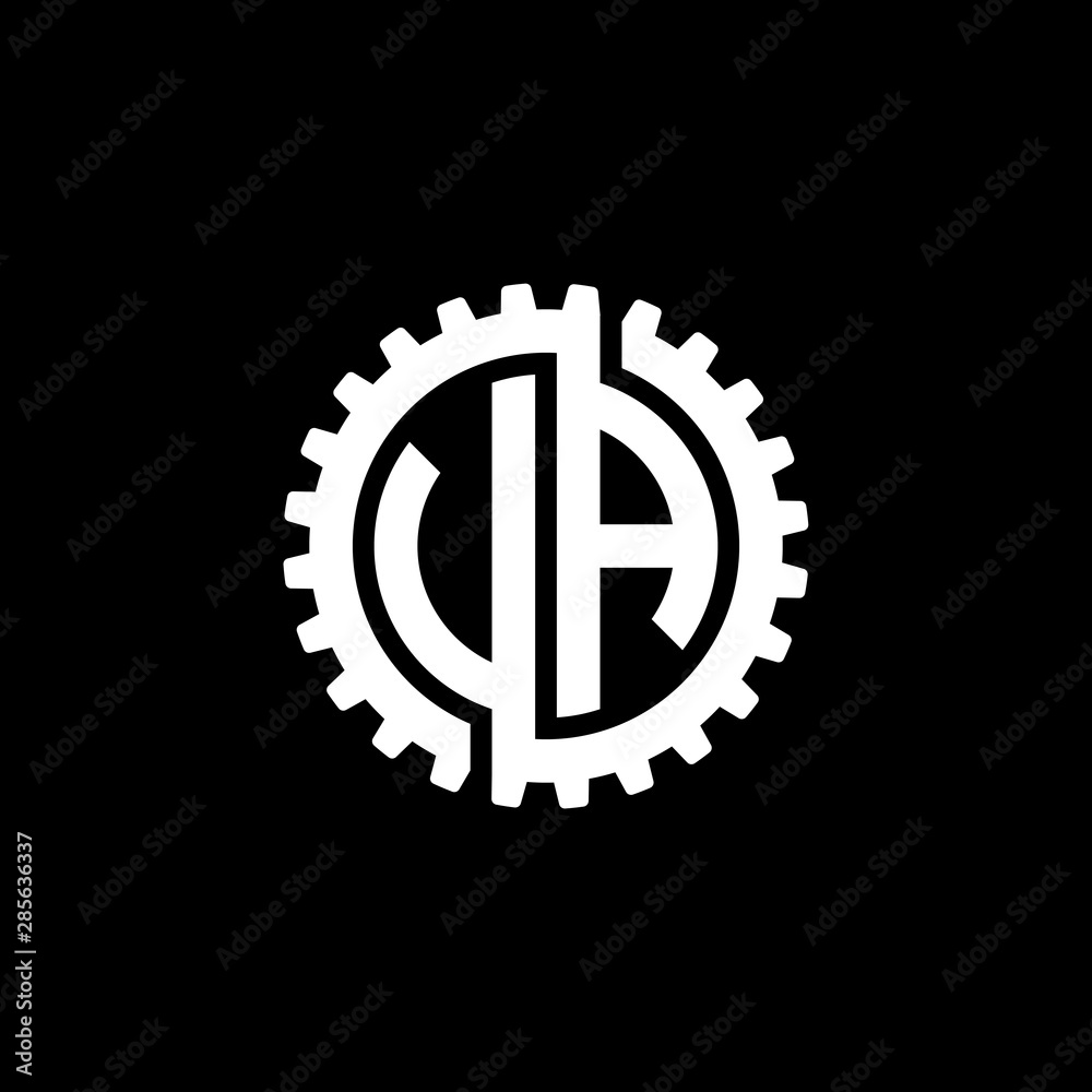 Initial letter U and A, V and A, UA, VA, interlock cogwheel gear monogram logo, white color on black background Initial letter U and A, V and A, UA, VA, interlock cogwheel gear monogram logo, white color on black background
