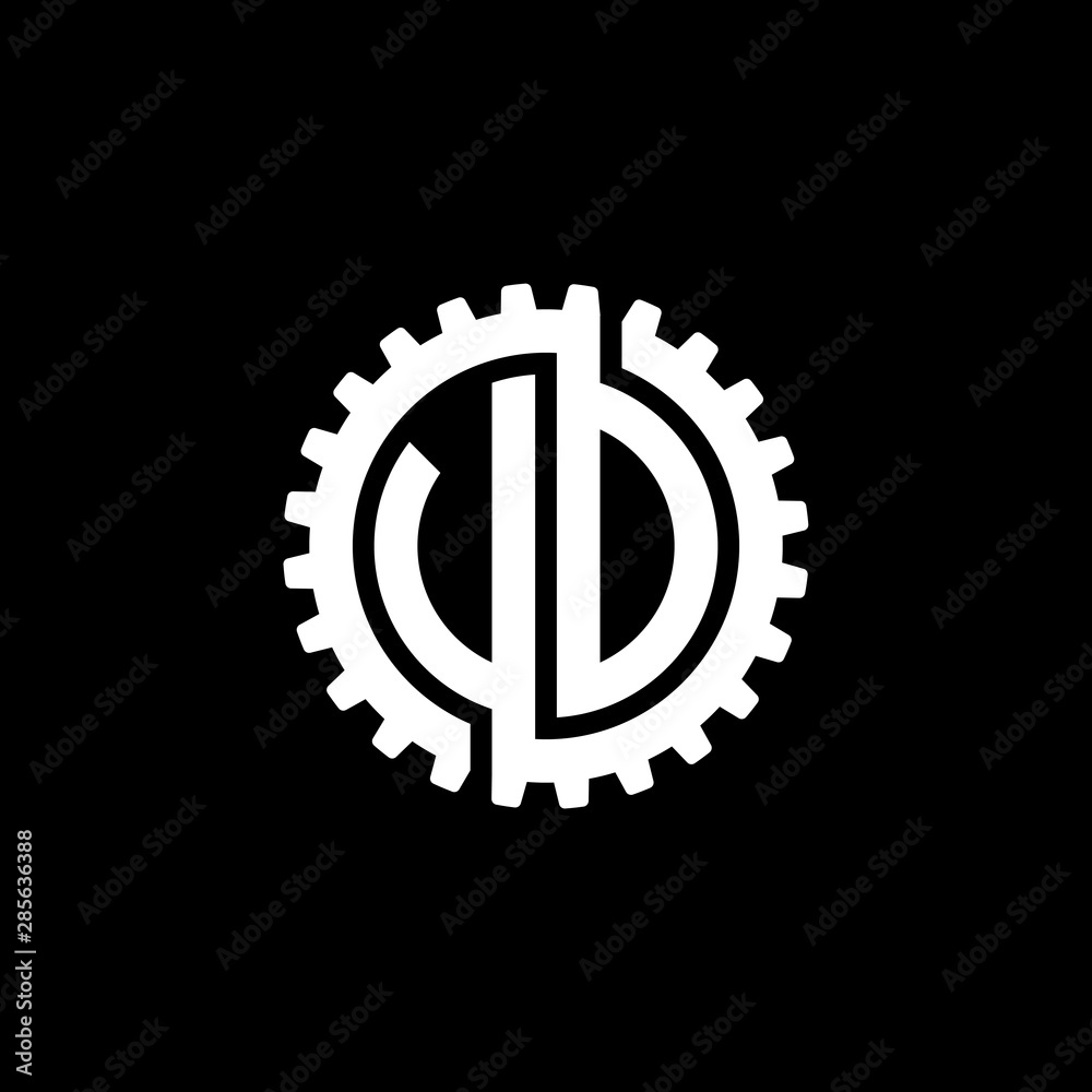 Initial letter U and D, V and D, U and O, V and O, UD, VD, UO, VO, interlock cogwheel gear monogram logo, white color on black background Initial letter U and D, V and D, U and O, V and O, UD, VD, UO, VO, interlock cogwheel gear monogram logo, white color on black background