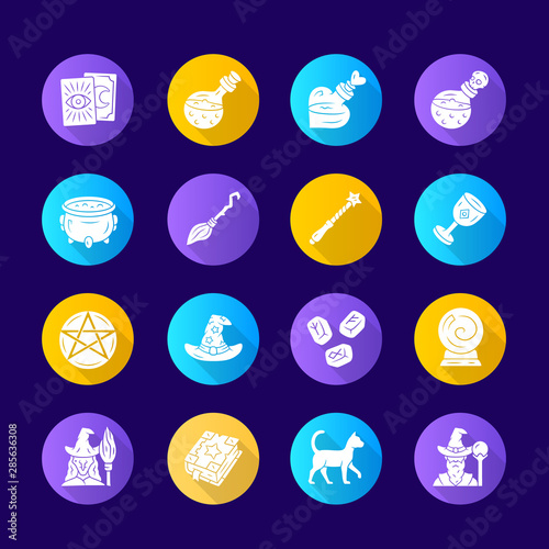 Magic flat design long shadow glyph icons set. Witchcraft, sorcery Halloween items. Occult, gypsy rituals tools. Fortune telling. Superstitions & future predictions. Vector silhouette illustration