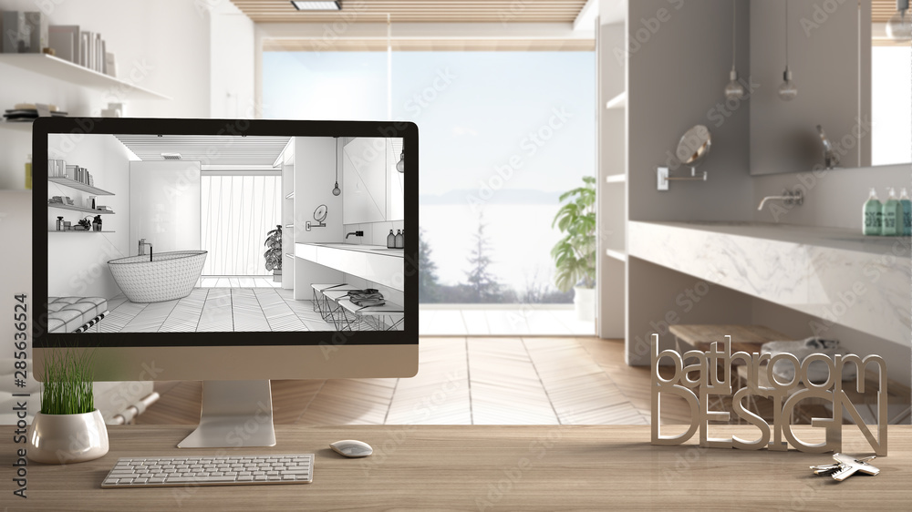 Architect designer project concept, wooden table with keys, letters bathroom design and desktop showing blueprint CAD sketch, blurred draft in the background, white interior design - obrazy, fototapety, plakaty 