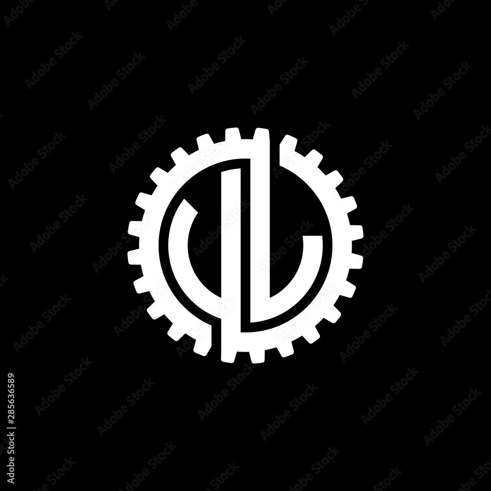 Initial letter U and L, V and L, UL, VL, interlock cogwheel gear monogram logo, white color on black background Initial letter U and L, V and L, UL, VL, interlock cogwheel gear monogram logo, white color on black background