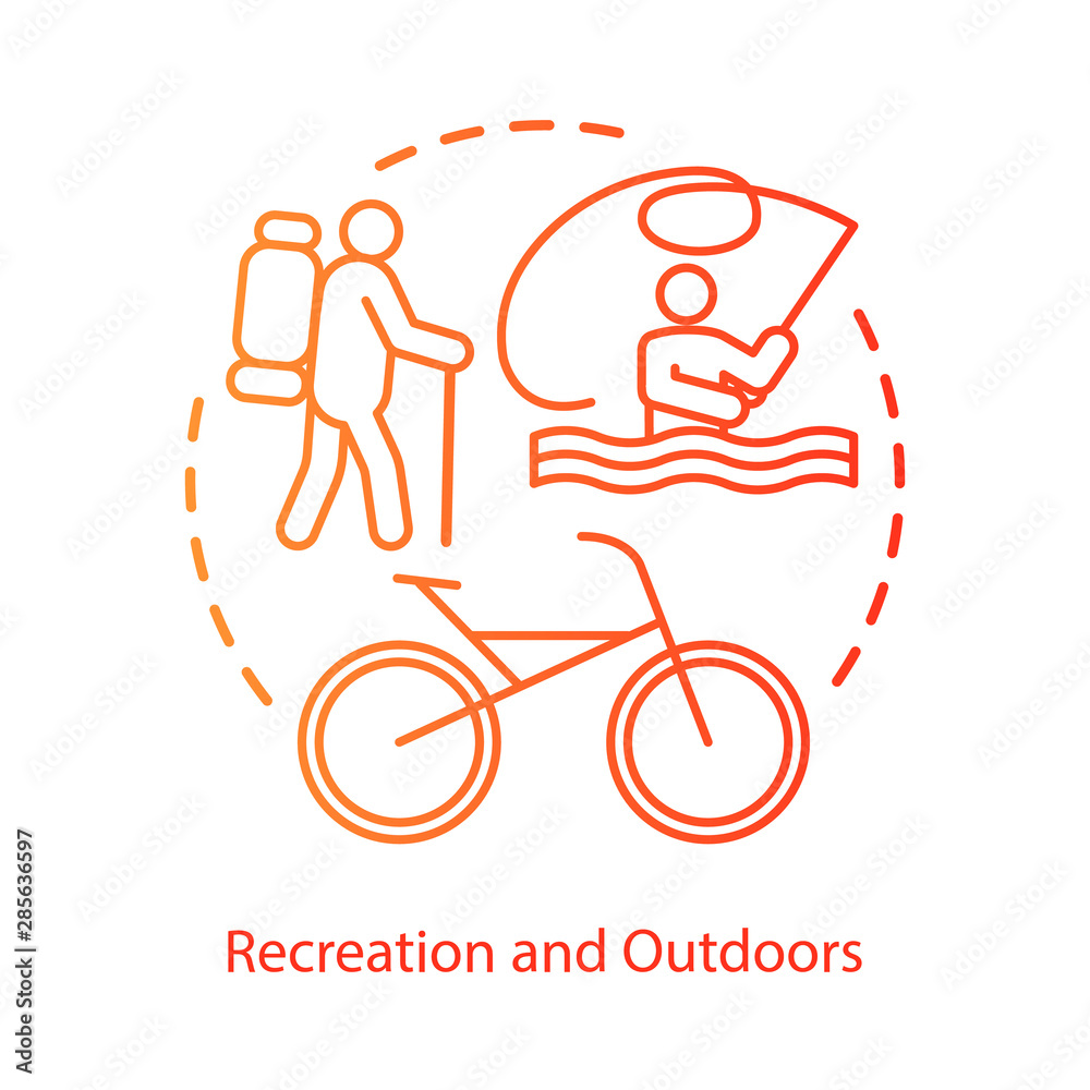 Recreation in countryside concept icon. Active rest, hiking, riding bicycle idea thin line illustration. Lake tourism, river vacation, fishing. Vector isolated outline drawing. Editable stroke Recreation in countryside concept icon. Active rest, hiking, riding bicycle idea thin line illustration. Lake tourism, river vacation, fishing. Vector isolated outline drawing. Editable stroke