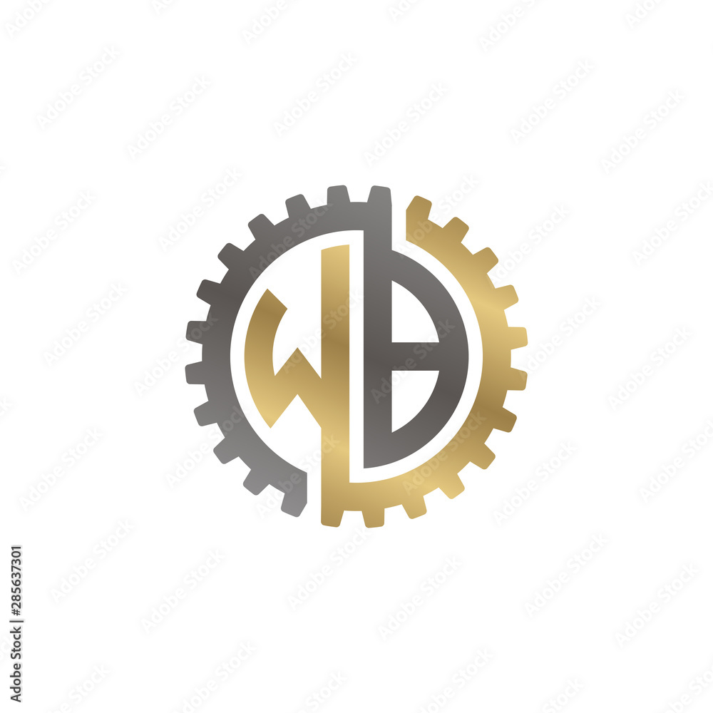 Initial letter W and B, WB, interlock cogwheel gear logo, black gold on white background Initial letter W and B, WB, interlock cogwheel gear logo, black gold on white background