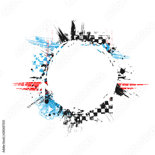 Black grunge circle frame with red and blue race elements