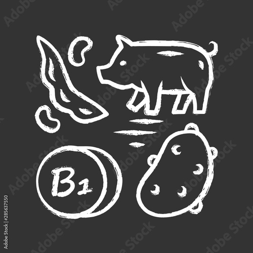 Vitamin B1 chalk icon. Potato, pork and green bean. Healthy eating. Thiamin food source. Proper nutrition. Vegetables, meat products. Mineral, antioxidant. Isolated vector chalkboard illustration