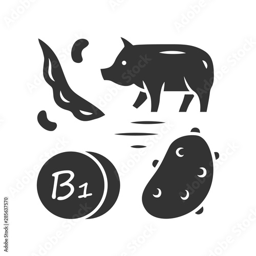 Vitamin B1 glyph icon. Potato, pork and green bean. Healthy eating. Thiamin natural food source. Silhouette symbol. Negative space. Vector isolated illustration