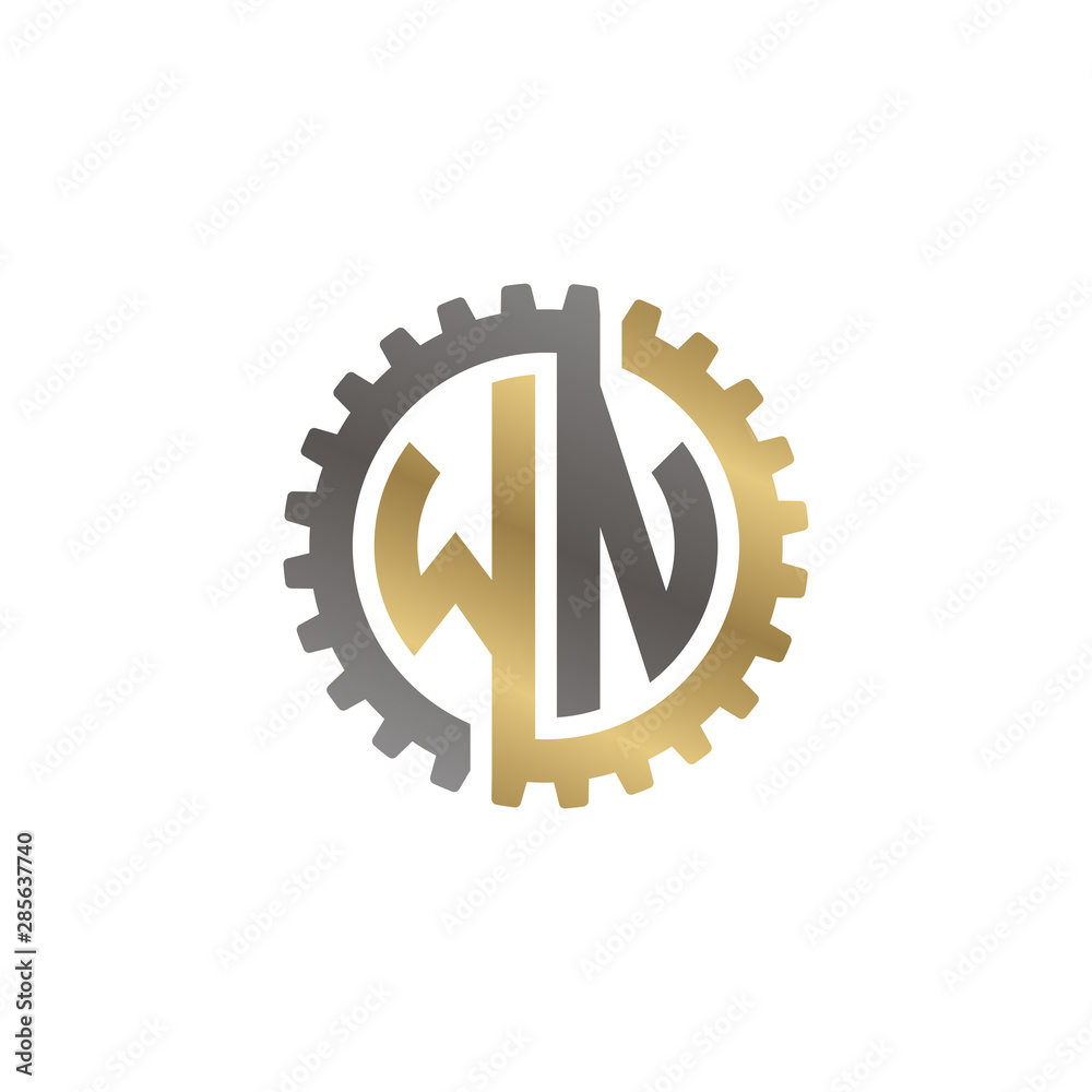 Initial letter W and N, WN, interlock cogwheel gear logo, black gold on white background Initial letter W and N, WN, interlock cogwheel gear logo, black gold on white background