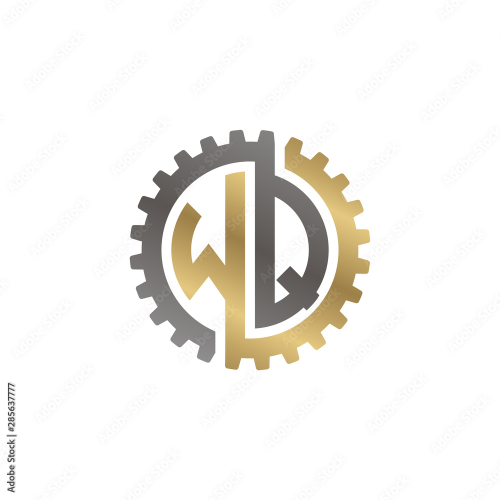 Initial letter W and Q, WQ, interlock cogwheel gear logo, black gold on white background Initial letter W and Q, WQ, interlock cogwheel gear logo, black gold on white background