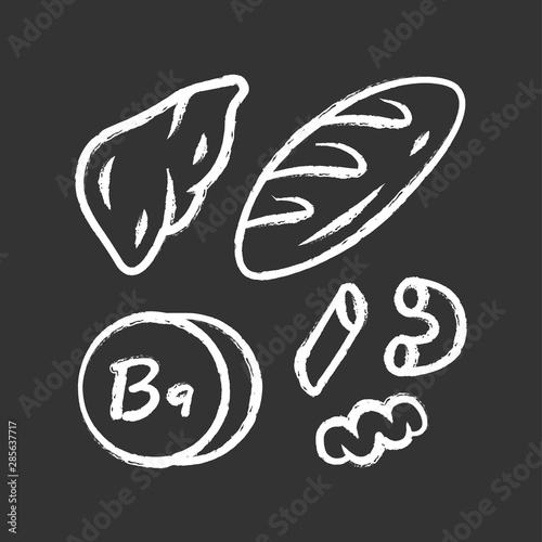 Vitamin B9 chalk icon. Bread, liver and pasta. Meat and flour products. Healthy eating. Folic acid natural food source. Proper nutrition. Minerals, antioxidant. Isolated vector chalkboard illustration