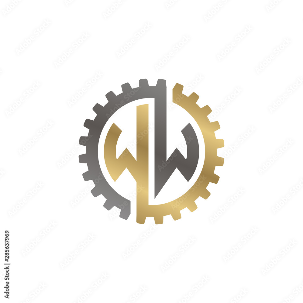 Initial letter W and W, WW, interlock cogwheel gear logo, black gold on white background Initial letter W and W, WW, interlock cogwheel gear logo, black gold on white background