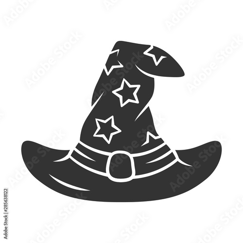 Wizard hat glyph icon. Silhouette symbol. Witch magic cap. Magician, sorceress cap. Halloween costume accessory. Witchcraft, sorcery fantasy item. Negative space. Vector isolated illustration