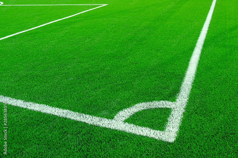 Artificial green grass with white stripe  on sports fields for soccer and football.