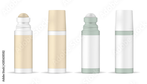 Antiperspirant deodorant roll-on, mockup. Open and closed bottle with screw cap and blank label, template. Realistic vector mock-up