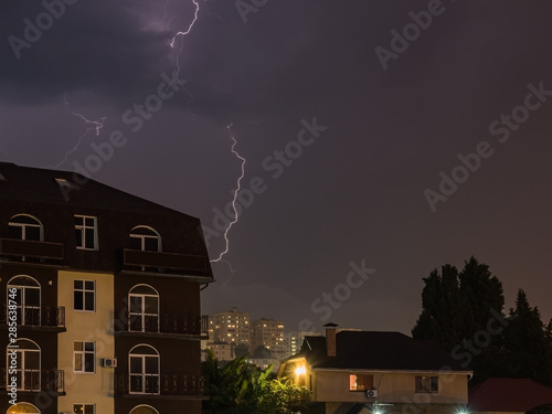 Beautiful lightning over city of Sochi. Russia 08.22.2019