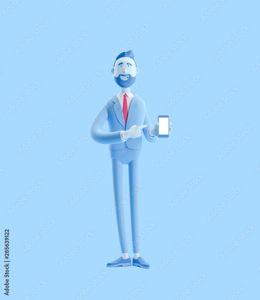 3d illustration. Portrait of a handsome businessman with mobile phone. Businessman Billy in blue color. 3d illustration. Portrait of a handsome businessman with mobile phone. Businessman Billy in blue color.