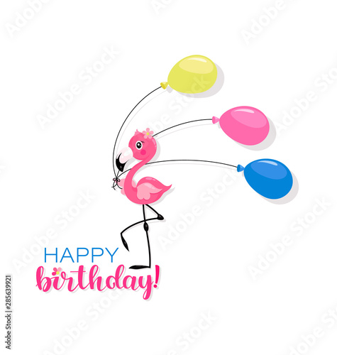 Happy Birthday. Pink little flamingo with air balloons. Lettering. Greeting card. Flamingo kid. Design for children's t-shirts, textiles, gifts, holiday parties.