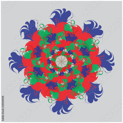 floral vector illustration, circle, blue, red, green, rosette