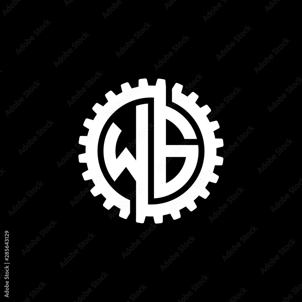 Initial letter W and G, WG, interlock cogwheel gear monogram logo, white color on black background Initial letter W and G, WG, interlock cogwheel gear monogram logo, white color on black background