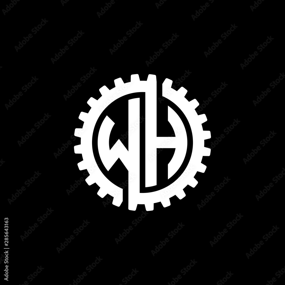 Initial letter W and H, WH, interlock cogwheel gear monogram logo, white color on black background Initial letter W and H, WH, interlock cogwheel gear monogram logo, white color on black background