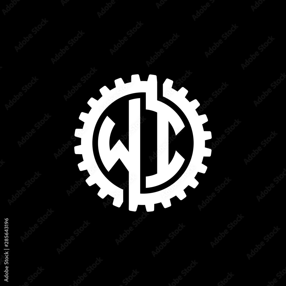 Initial letter W and I, WI, interlock cogwheel gear monogram logo, white color on black background Initial letter W and I, WI, interlock cogwheel gear monogram logo, white color on black background