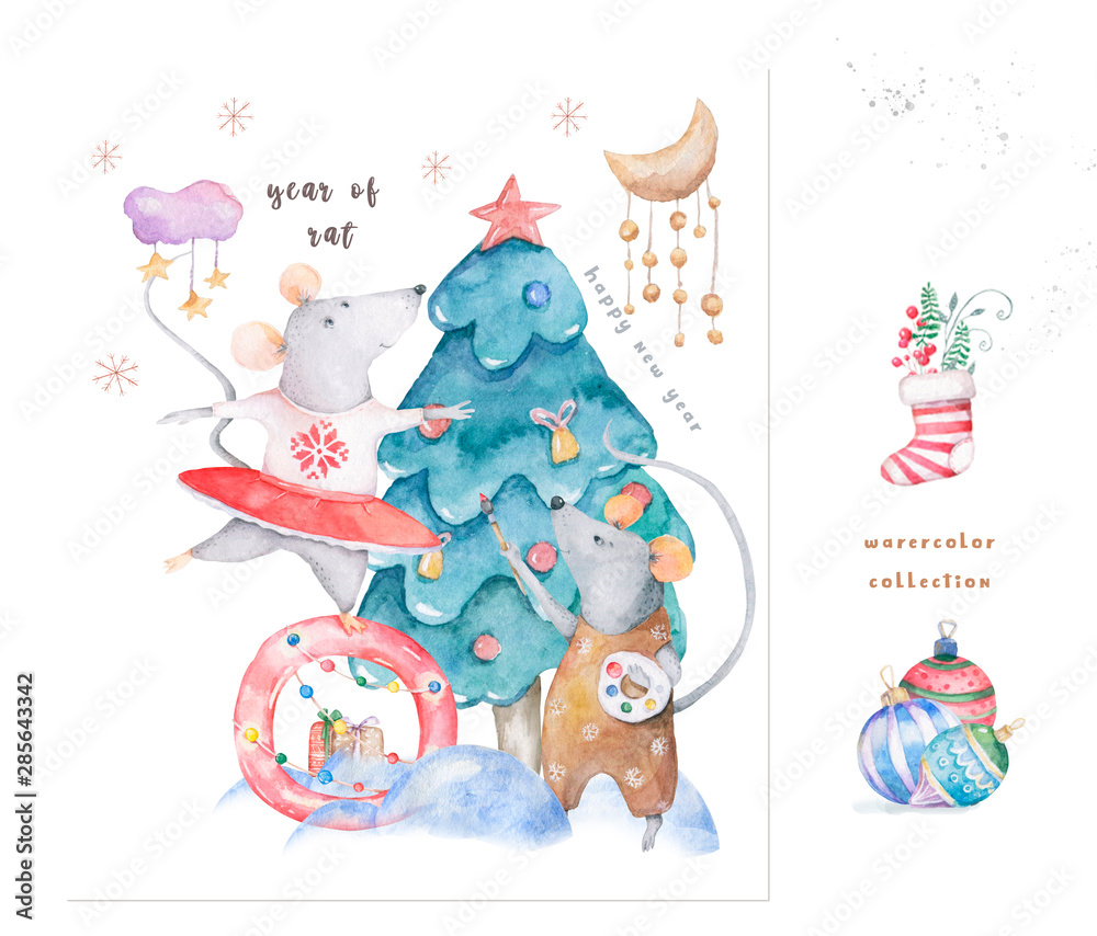 Obraz Cute watercolor cartoon rats and spruce tree. Watercolor hand drawn animals illustration. New Year 2020 holiday drawing illustration. Symbol 2020 Merry Christmas gift card. Greeting postcard