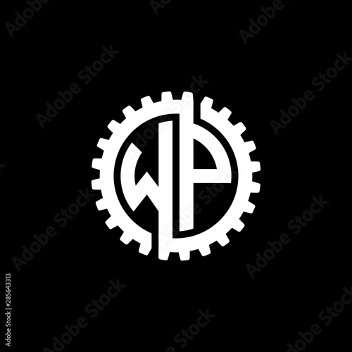 Initial letter W and P, WP, interlock cogwheel gear monogram logo, white color on black background