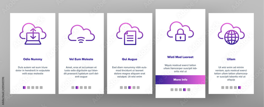 Cloud Service Onboarding Mobile App Page Screen Vector Thin Line. Cloud Data And Technology Internet Networking Elements Linear Pictograms. Digital Files Storage Contour Illustrations