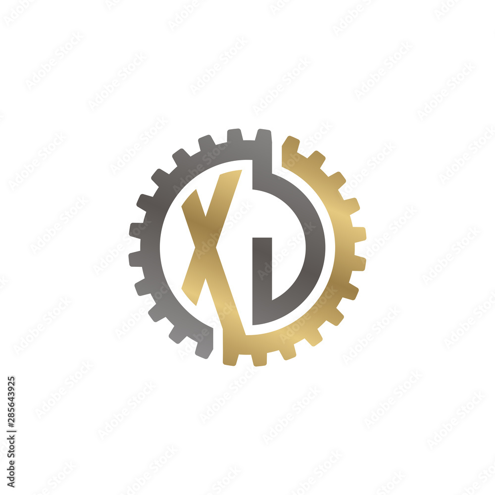 Initial letter X and J, XJ, interlock cogwheel gear logo, black gold on white background Initial letter X and J, XJ, interlock cogwheel gear logo, black gold on white background