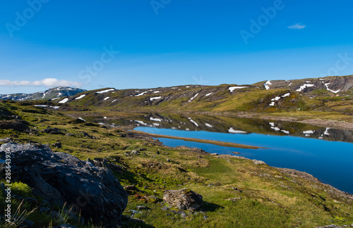 View of Skjelingavatnet lake, Vik i Sogn, Norway. July 2019