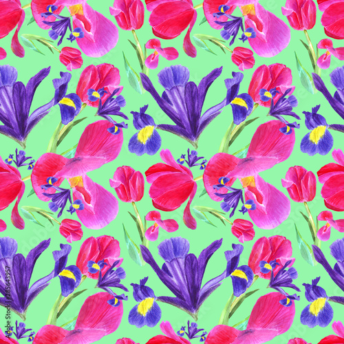 watercolor iris  tulip and leaves seamless pattern on green background