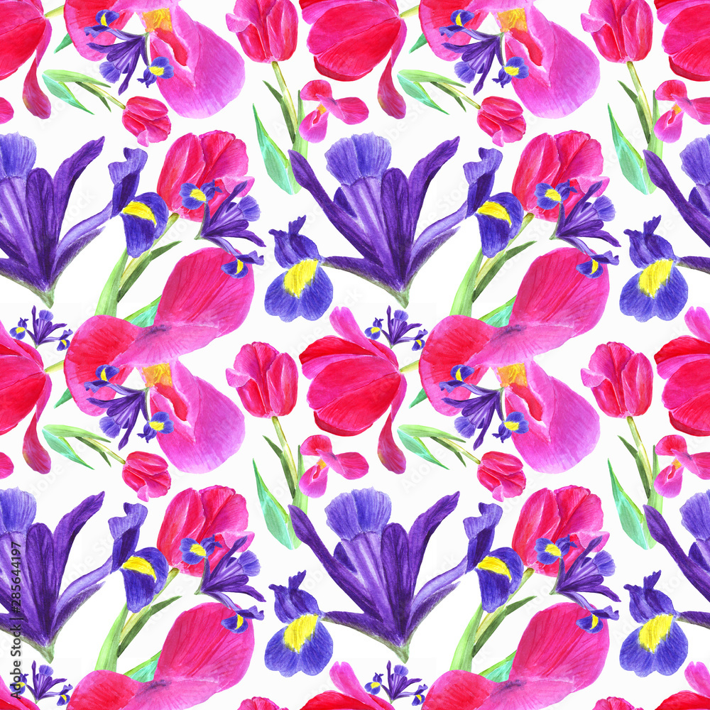 watercolor iris, tulip and leaves seamless pattern on white background