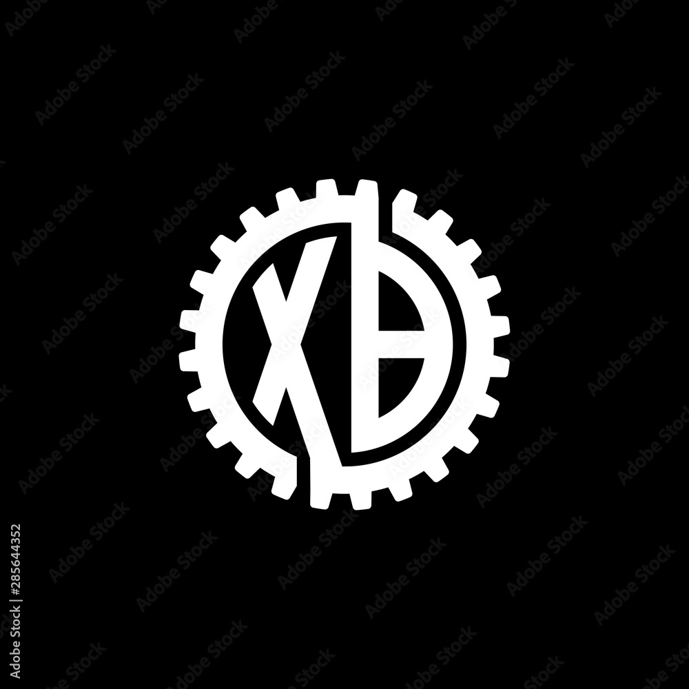 Initial letter X and B, XB, interlock cogwheel gear monogram logo, white color on black background Initial letter X and B, XB, interlock cogwheel gear monogram logo, white color on black background