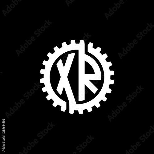 Initial letter X and R, XR, interlock cogwheel gear monogram logo, white color on black background