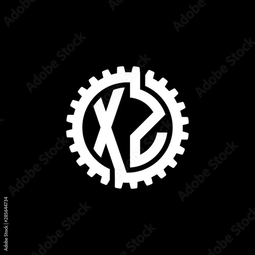 Initial letter X and Z, XZ, interlock cogwheel gear monogram logo, white color on black background