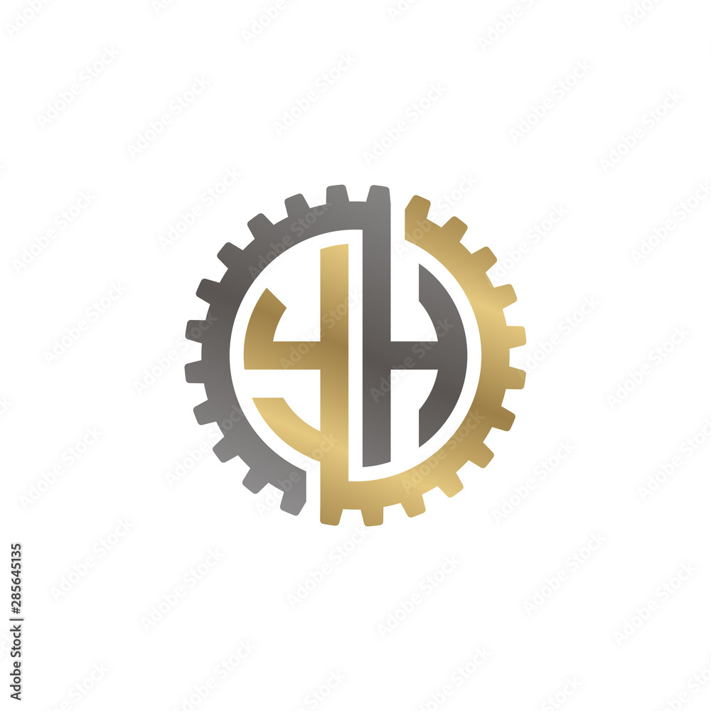 Initial letter Y and H, YH, interlock cogwheel gear logo, black gold on white background Initial letter Y and H, YH, interlock cogwheel gear logo, black gold on white background