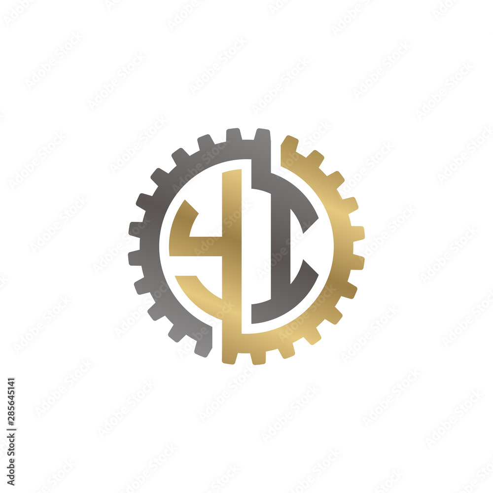 Initial letter Y and I, YI, interlock cogwheel gear logo, black gold on white background Initial letter Y and I, YI, interlock cogwheel gear logo, black gold on white background