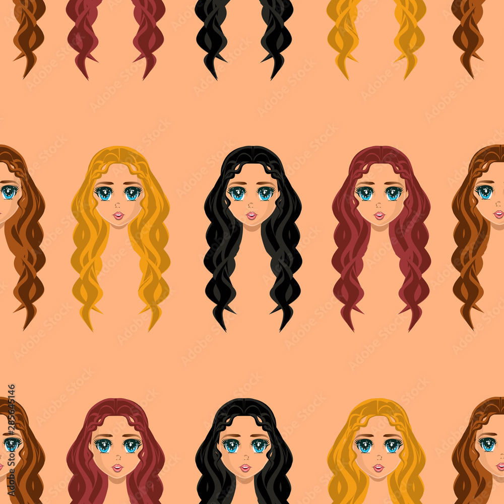 Anime style seamless pattern girls with different hair and color wavy loose  long hair in beige nude skin color background Stock Illustration