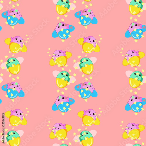 Vertical pattern made of happy cute fireflies and stars in pink background.