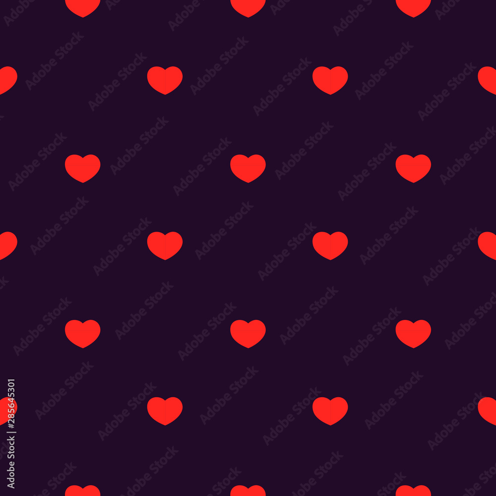 Seamless patter of red hearts on dark purple background.