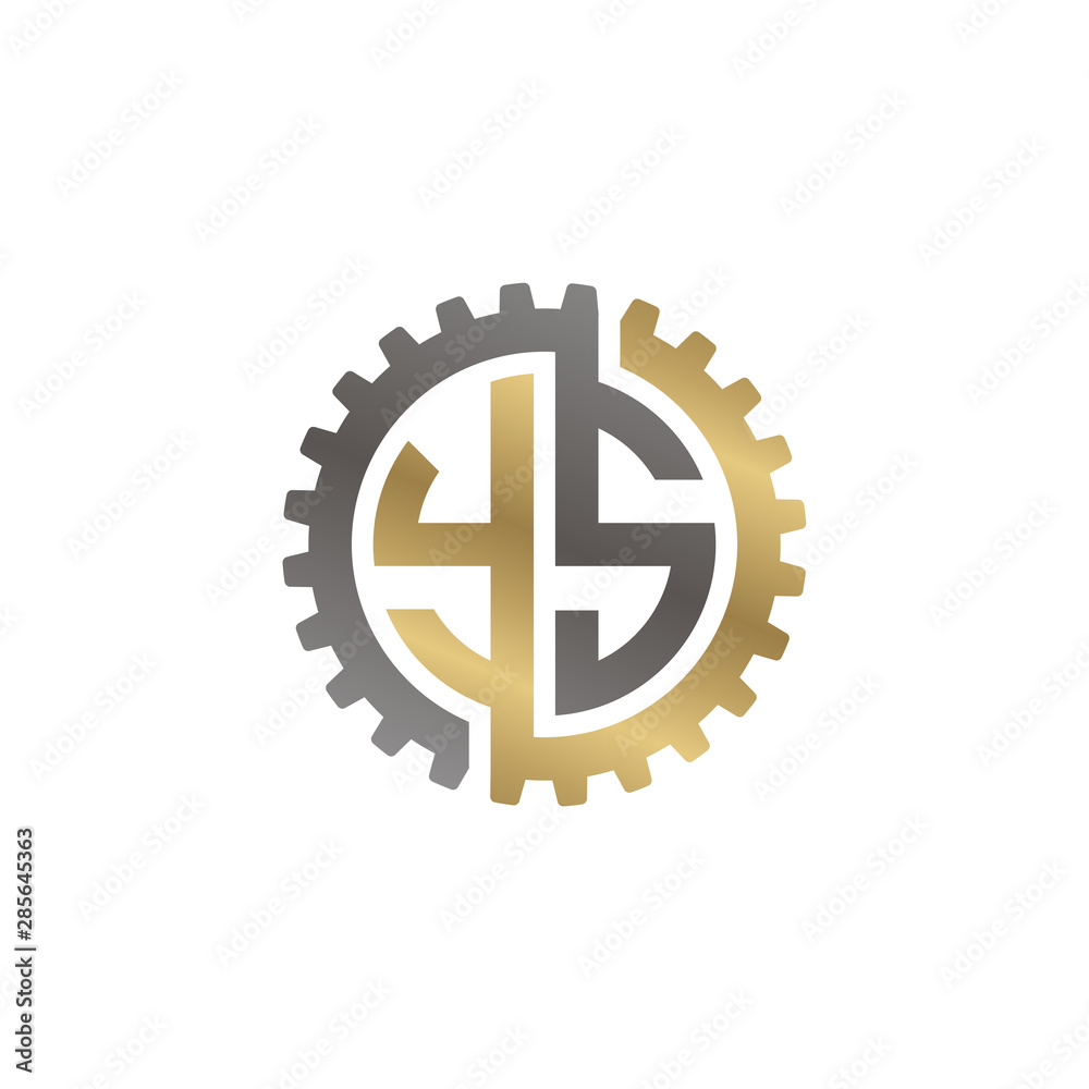 Initial letter Y and S, YS, interlock cogwheel gear logo, black gold on white background Initial letter Y and S, YS, interlock cogwheel gear logo, black gold on white background