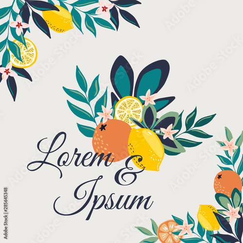 Elegant hand drawn fruit card with text space and fruit garden and leaves decoration elements. Hand drawn vector illustration with lemons and oranges banner design.