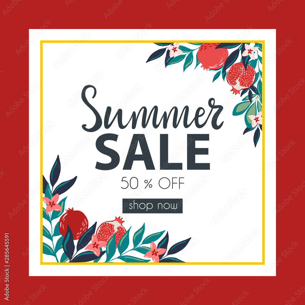 Summer Sale hand drawn lettering banner with delicious and ripe pomegranate fruits and tropic leaves.Promotional flyer template