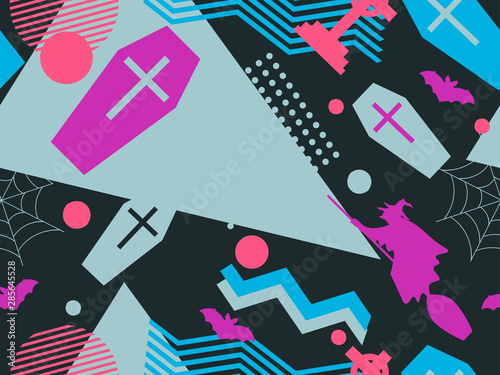 Halloween memphis seamless pattern. Geometric shapes and holiday symbols, icons. Modern trendy background for promotional products, wrapping paper and printing. Vector illustration