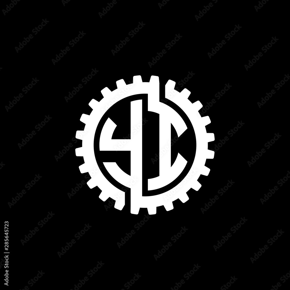 Initial letter Y and I, YI, interlock cogwheel gear monogram logo, white color on black background Initial letter Y and I, YI, interlock cogwheel gear monogram logo, white color on black background