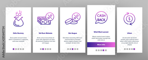 Cashback Service Onboarding Mobile App Page Screen Vector Thin Line. Interest Repayment And Accumulation Account, Money Coins And Percent Cashback Elements Linear Pictograms. Contour Illustrations