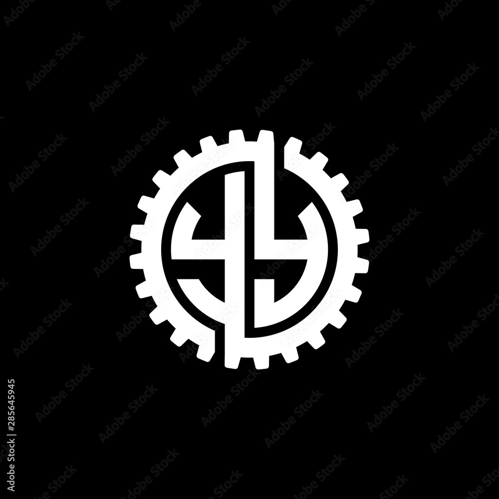 Initial letter Y and Y, YY, interlock cogwheel gear monogram logo, white color on black background Initial letter Y and Y, YY, interlock cogwheel gear monogram logo, white color on black background