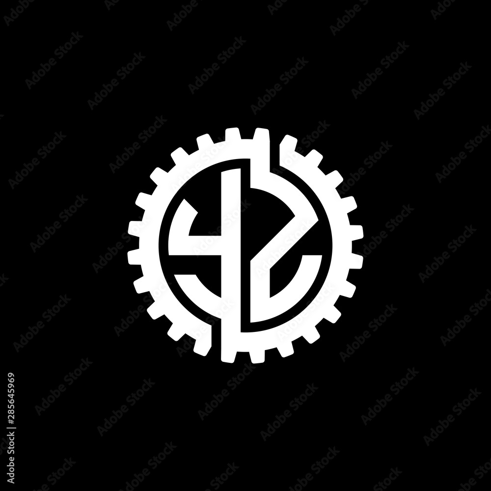 Initial letter Y and Z, YZ, interlock cogwheel gear monogram logo, white color on black background Initial letter Y and Z, YZ, interlock cogwheel gear monogram logo, white color on black background